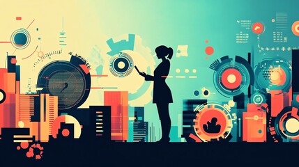 Leinwandbilder - Businesswoman using tablet surrounded by digital cityscape and infographics