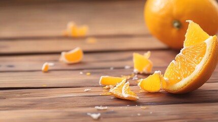 Aufkleber - Juicy orange segments scattered on rustic wooden surface with whole orange in close proximity to add freshness : Generative AI