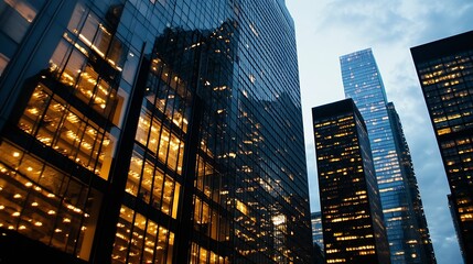 Poster - Illuminated Office Buildings in Urban Setting Against Evening Sky : Generative AI