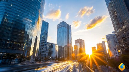 Aufkleber - Stunning city skyline at sunset showcasing modern architecture and vibrant clouds in urban landscape : Generative AI