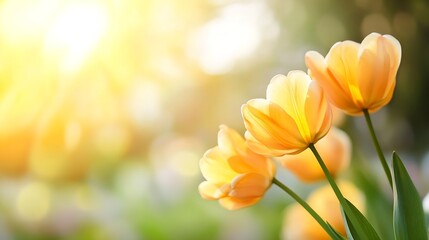 Aufkleber - Beautiful bouquet of golden tulips blooming in bright sunlight during spring : Generative AI