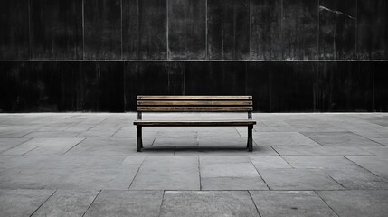 Poster - Minimalist Wooden Bench on Concrete Square Against Dark Wall with Smooth Texture : Generative AI