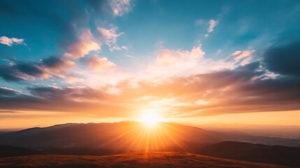 Fototapete - Stunning sunset view with clouds over mountains silhouetted against vibrant orange and blue sky : Generative AI
