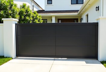 Wall Mural - Sleek metal black sliding gate with white walls in front of a modern house 