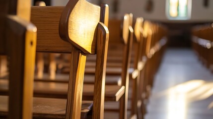 Poster - Sunlit wooden chairs lined up in a serene church interior showcasing beautiful craftsmanship : Generative AI