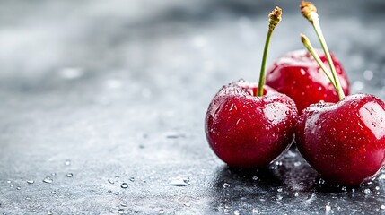 Poster - Bunch of fresh cherries glistening with water droplets on a sleek gray surface invoking a refreshing feel : Generative AI