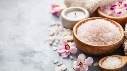 Poster - Spa Setting with Natural Pink Sea Salt Fresh Flowers and Relaxing Candle for Serenity : Generative AI