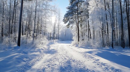 Aufkleber - Sunlit pathway through a snowy forest showcasing winter tranquility and beauty : Generative AI