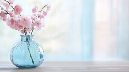 Poster - Pretty pink cherry blossom branches in a clear glass vase on a wooden table with a soft blue background : Generative AI
