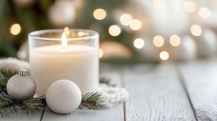 Poster - Candle surrounded by festive decorations evoking cozy vibes with soft bokeh lights in the background : Generative AI