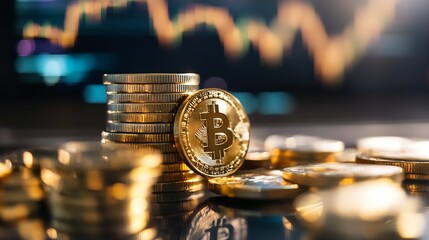 Aufkleber - Golden Bitcoin coins stacked with digital stock market trends in the background highlighting cryptocurrency investment : Generative AI