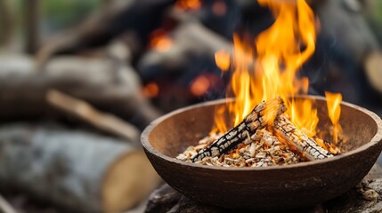 Fototapete - Crackling campfire with glowing flames and burning wood enhancing a cozy atmosphere around outdoor gathering : Generative AI