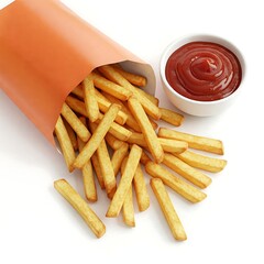 Wall Mural - French Fries in red box and a white bowl of tomato sauce isolated on white background