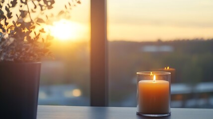 Leinwandbilder - Serene view of a lit candle by the window as the sun sets painting the sky with warm colors : Generative AI