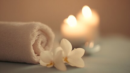 Aufkleber - Spa setup with rolled towel and white flowers next to flickering candles creating a calming atmosphere : Generative AI