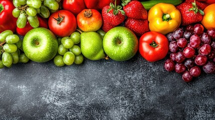 Poster - Colorful fresh fruit and vegetables on dark background; healthy eating, food blog, recipe