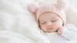 © Generative AI - Adorable sleeping baby girl wearing a knitted pink hat resting peacefully on a soft fluffy blanket : Generative AI