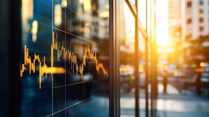 Leinwandbilder - An abstract view of stock market performance displayed on a glass wall during golden hour in an urban setting : Generative AI