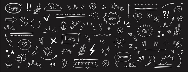 Poster - Cute line sketch star, arrow, heart decoration element icon set. Hand drawn sketch doodle cute star, emphasis, flower element. Pen line text decoration shape icon. Chalkboard vector illustration.