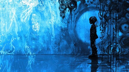 Wall Mural - Boy, blue abstract, portal, reflection, fantasy, surreal, artwork, imagination, mystery, cover art