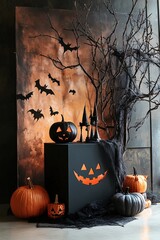 Wall Mural - Halloween decorations creating a spooky festive atmosphere in a room with pumpkins and bats