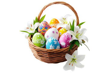 Wall Mural - Easter basket with decorated eggs and white lilies isolated on white or transparent, PNG