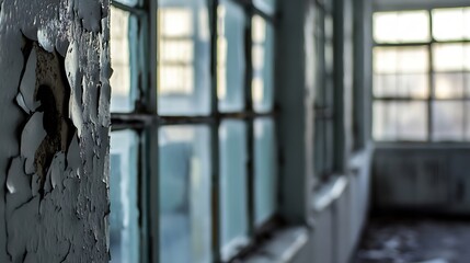 Poster - Interior view of old building showcasing peeling paint and rustic charm : Generative AI
