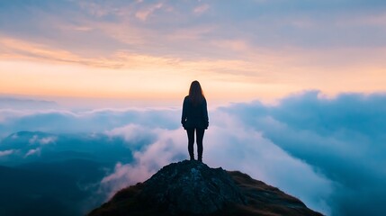 Wall Mural - Woman standing on a rock overlooking a breathtaking view of clouds and horizon at sunset : Generative AI