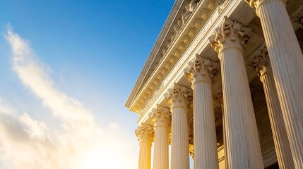 Wall Mural - Majestic architectural columns of a historic building under a bright blue sky during golden hour : Generative AI