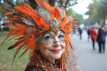 A vibrant elderly woman wears a colorful feathered headdress and ornate makeup, smiling joyfully in a lively outdoor setting.