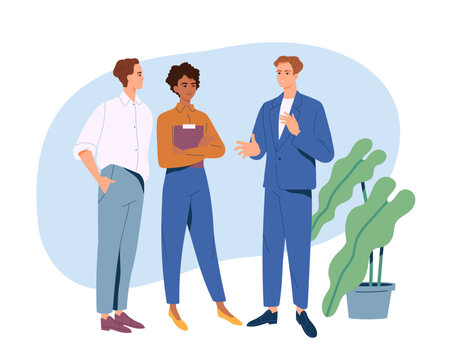 Business People Daily Routine. Team of office workers communicate and discuss project. Colleagues or partners at business meeting or conference. Cartoon flat vector illustration isolated on background