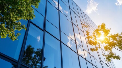 Aufkleber - Modern Office Building Reflecting Blue Sky and Green Trees in Glass Windows : Generative AI