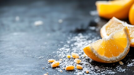 Fototapete - Sliced lemons with sugar sprinkled around them on a dark surface giving a refreshing summer vibe : Generative AI