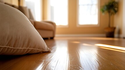 Leinwandbilder - Cozy living room interior with sunlight streaming through windows and a plush pillow on polished wooden floor : Generative AI