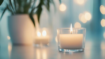 Aufkleber - Serene candle lit in a clear glass holder surrounded by soft bokeh lights creating a calming atmosphere : Generative AI