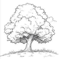 Create a black and white image of a tree for a childrens drawing book with fat and clear outlines