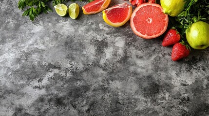 Canvas Print - Fresh citrus fruits, strawberries, herbs on grey background; healthy food recipe concept