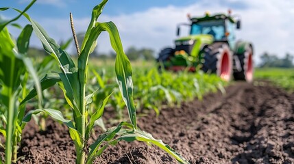 Closeup of vibrant green corn plants cultivated in rich soil with a tractor working in the background : Generative AI