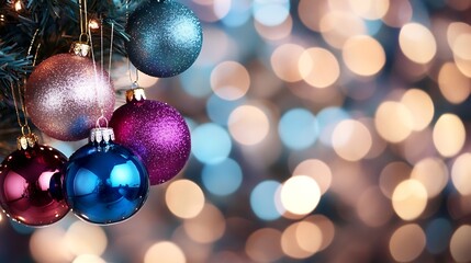 Poster - Closeup of colorful Christmas ornaments reflecting festive lights in a blur of shiny bokeh : Generative AI