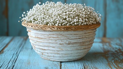 Canvas Print - White Baby's Breath in Bowl, Rustic Wood Background