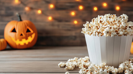 Sticker - Crispy popcorn in white bucket with Halloween pumpkin backdrop