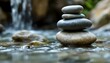 zen, stones, tall, stack, rugged, weathered, textures, cascading, waterfall, middle, wet, water, flowing, gently, bubbles, base, natural, light, ultra, highresolution, serene, tranquil, harmony, 