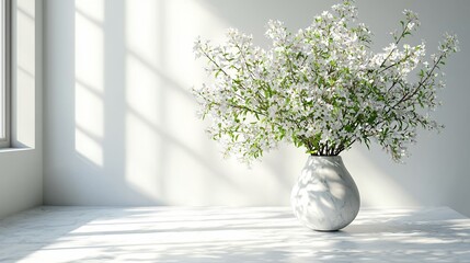 Canvas Print - White blossoms vase, sunlit room, minimalist decor, spring