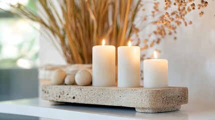 Poster - Minimalist Home Decor Featuring Three White Candles on Stone Base with Natural Elements : Generative AI