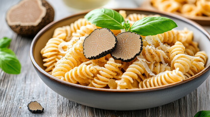 Poster - Gourmet truffle pasta dish garnished with fresh basil and truffle slices