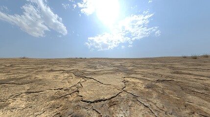 Wall Mural - Serene Desert Landscape Under Bright Sunlight with Cracked Dry Earth and Blue Sky