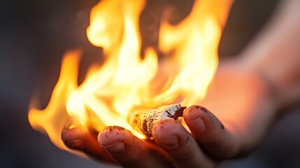 Aufkleber - Hand of a person holding burning wood showing flames in a dramatic display of fire outdoors : Generative AI