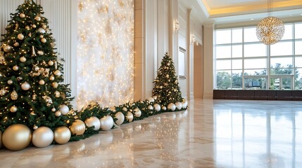 Poster - Elegant Holiday Decor with Beautiful Christmas Trees and Ornamented Balls in Modern Interior : Generative AI