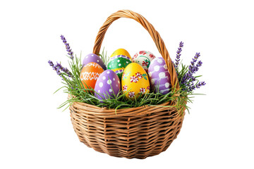 Easter basket with colorful eggs and lavender flowers isolated on white or transparent, PNG