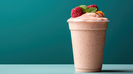 Wall Mural - Smoothie made from organic fruits, topped with raspberries and mint